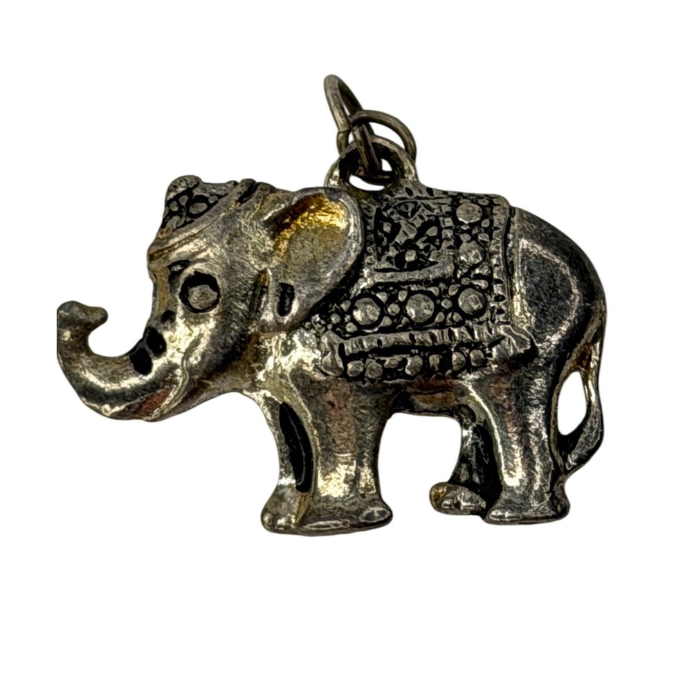 Vintage Ornate Elephant Charm Silver Tone Trunk Up Good Luck Animal Pendant Y2K